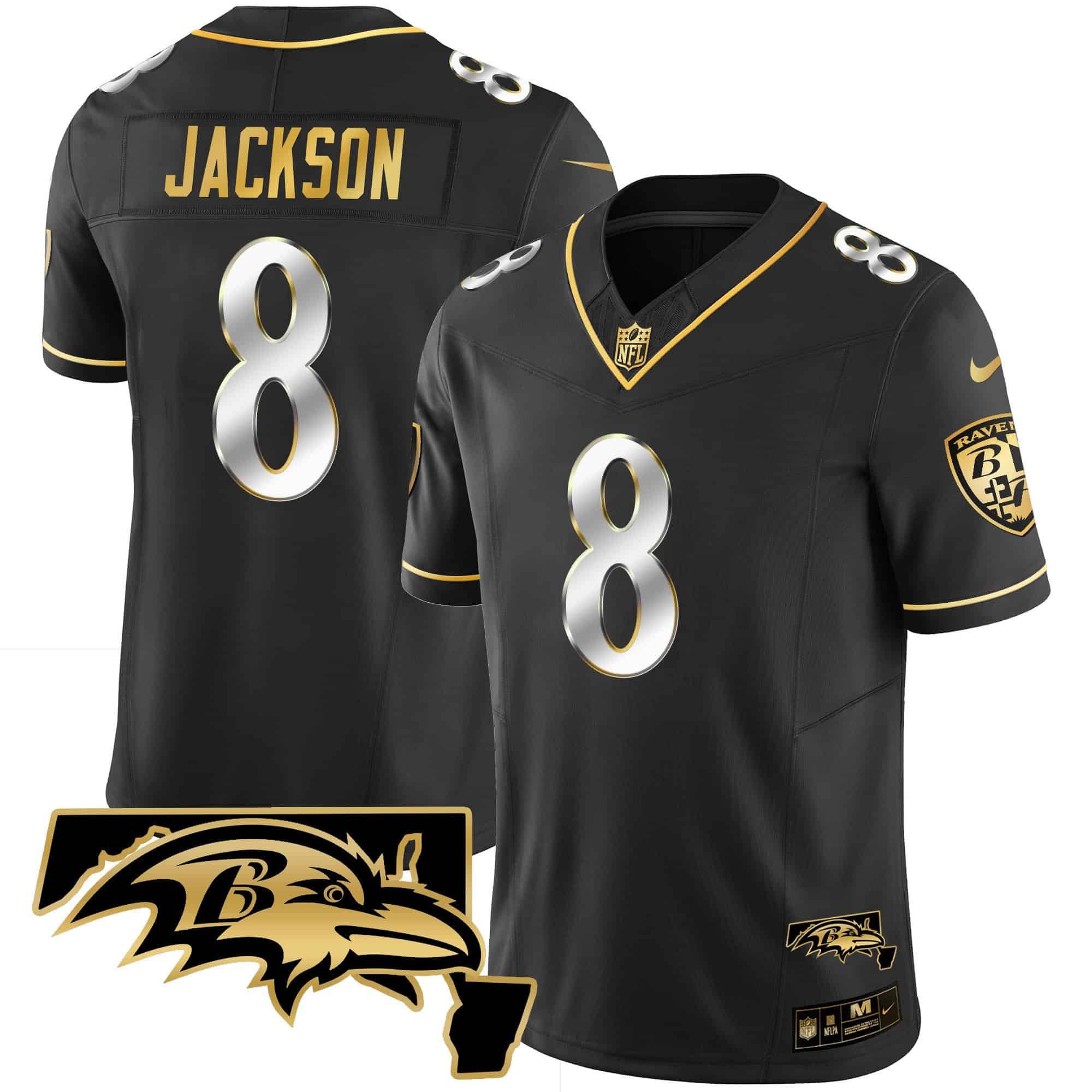 Men Baltimore Ravens 8 Jackson Black Gold 2024 Nike Maryland Patch Vapor Limited NFL Jersey style 1